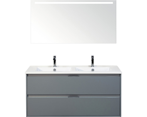 Badmöbelset 3-teilig Doppelbadmöbel Sanox Porto BxHxT 121 x 170 x 51 cm Frontfarbe eisgrün mit Waschtisch Keramik weiß und Keramik-Doppelwaschtisch Spiegel mit LED-Beleuchtung Waschtischunterschrank Griff chrom matt 84730151 Waschtisch mit zwei Waschbecken, Unterschrank und LED Spiegel