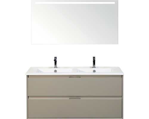 Badmöbelset 3-teilig Doppelbadmöbel Sanox Porto BxHxT 121 x 170 x 51 cm Frontfarbe kieselgrau mit Waschtisch Keramik weiß und Keramik-Doppelwaschtisch Spiegel mit LED-Beleuchtung Waschtischunterschrank Griff chrom matt 84730152 Badezimmermöbel-Set mit Doppelwaschtisch, Unterschrank und Spiegel mit Beleuchtung