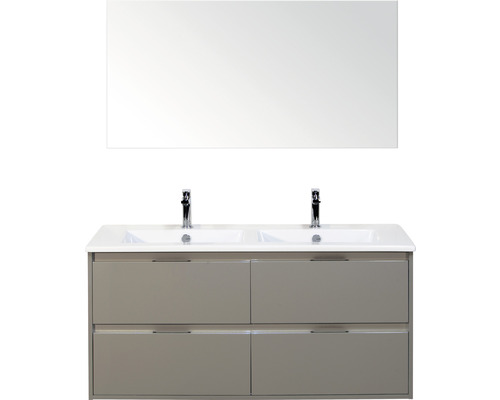 Badmöbelset 3-teilig Doppelbadmöbel Sanox Porto BxHxT 121 x 170 x 51 cm Frontfarbe cubanit grey mit Waschtisch Keramik weiß und Keramik-Doppelwaschtisch Spiegel Waschtischunterschrank Griff chrom matt 84731250 Waschtischunterschrank mit zwei Waschbecken und Spiegel für das Badezimmer