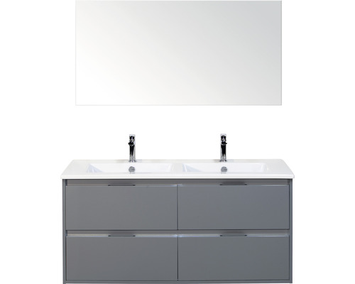 Badmöbelset 3-teilig Doppelbadmöbel Sanox Porto BxHxT 121 x 170 x 51 cm Frontfarbe eisgrün mit Waschtisch Keramik weiß und Keramik-Doppelwaschtisch Spiegel Waschtischunterschrank Griff chrom matt 84731251 Waschtisch mit zwei Waschbecken, Spiegel und Schubladen für das Badezimmer