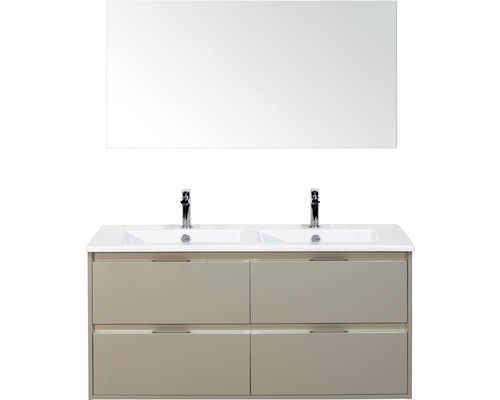 Badmöbelset 3-teilig Doppelbadmöbel Sanox Porto BxHxT 121 x 170 x 51 cm Frontfarbe kieselgrau mit Waschtisch Keramik weiß und Keramik-Doppelwaschtisch Spiegel Waschtischunterschrank Griff chrom matt 84731252 Waschtisch mit zwei Waschbecken, Armaturen und Spiegel