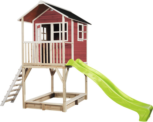 Spielhaus mit Rutsche und Sandkasten aus Holz