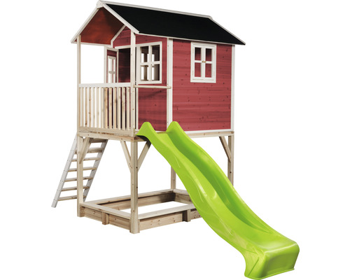 Spielhaus mit Rutsche und Sandkasten aus Holz