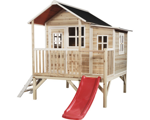Spielhaus aus Holz mit Rutsche und Leiter