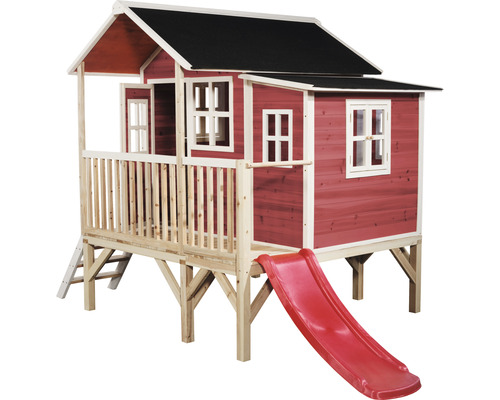 Spielhaus aus Holz mit Rutsche und Leiter