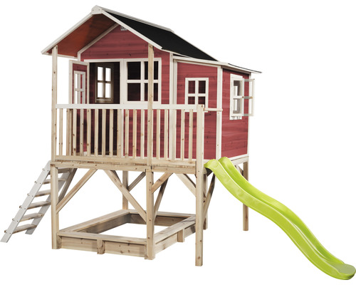 Spielhaus mit Rutsche und Sandkasten aus Holz
