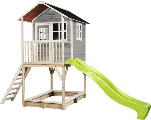 Holzspielhaus Spielhaus Kinderspielhaus EXIT Loft 700 grau Spielhaus mit Rutsche und Sandkasten für den Außenbereich