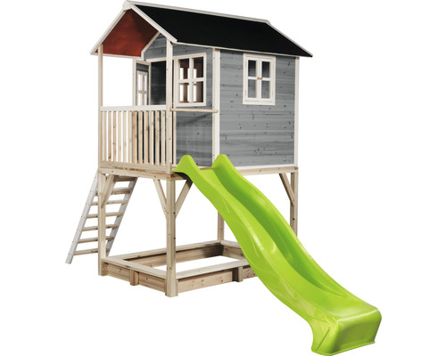 Spielhaus mit Rutsche und Sandkasten aus Holz
