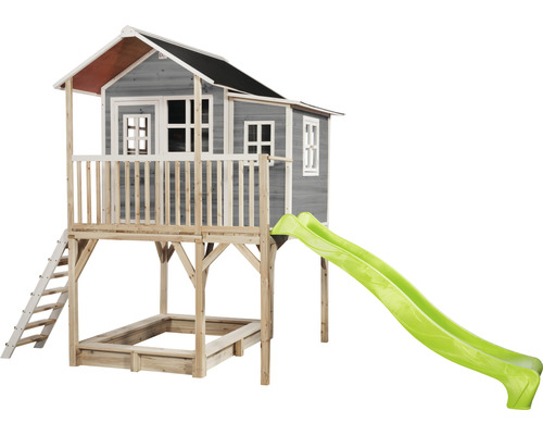 Holzspielhaus Spielhaus Kinderspielhaus EXIT Loft 750 grau Spielhaus mit Rutsche und Sandkasten aus Holz