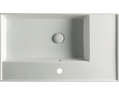 Aufsicht auf ein rechteckiges Waschbecken aus Sanitärkeramik mit Hahnlochbank und Überlauf