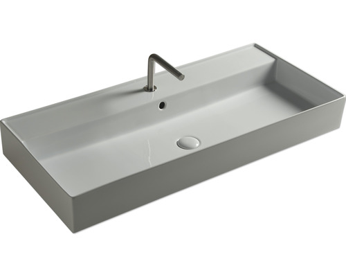 Rechteckiges Aufsatzwaschbecken aus Keramik mit Armatur