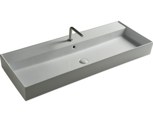 Rechteckiges Aufsatzwaschbecken aus Keramik mit Armatur