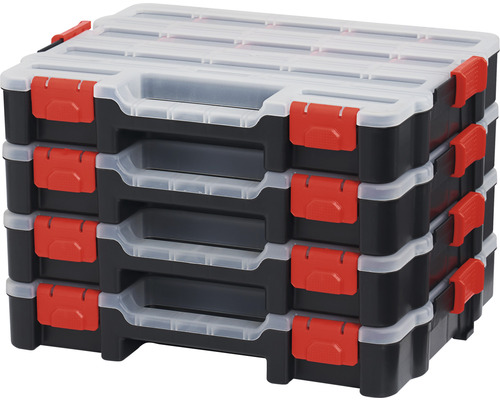 Stapel mit drei schwarzen Werkzeugkoffern mit transparenten Deckeln und roten Verschlüssen.