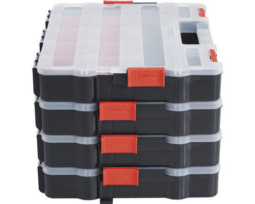 Stapel aus vier schwarzen Sortimentskästen mit transparenten Deckeln