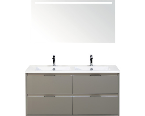 Badmöbelset 3-teilig Doppelbadmöbel Sanox Porto BxHxT 121 x 170 x 51 cm Frontfarbe cubanit grey mit Waschtisch Keramik weiß und Keramik-Doppelwaschtisch Spiegel mit LED-Beleuchtung Waschtischunterschrank Griff chrom matt 84731350 Waschtischunterschrank mit Doppelwaschbecken und beleuchtetem Spiegel