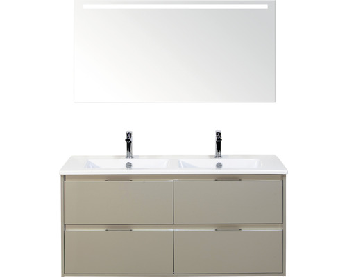 Badmöbelset 3-teilig Doppelbadmöbel Sanox Porto BxHxT 121 x 170 x 51 cm Frontfarbe kieselgrau mit Waschtisch Keramik weiß und Keramik-Doppelwaschtisch Spiegel mit LED-Beleuchtung Waschtischunterschrank Griff chrom matt 84731352 Badezimmermöbel-Set mit Doppelwaschtisch, Unterschrank und beleuchtetem Spiegel