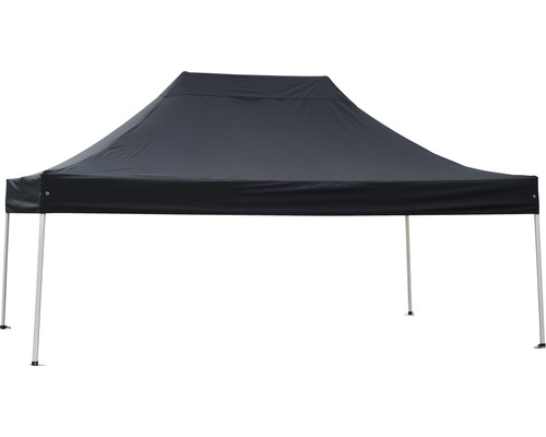 Faltpavillon mit schwarzem Dach und silberfarbenem Gestell