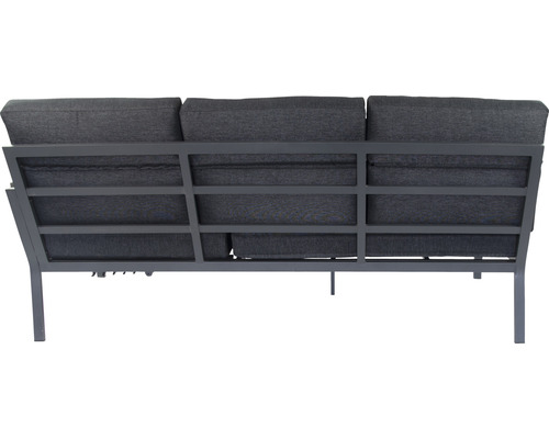 Rückansicht eines Outdoor Sofas mit grauem Stoffbezug und Metallrahmen.