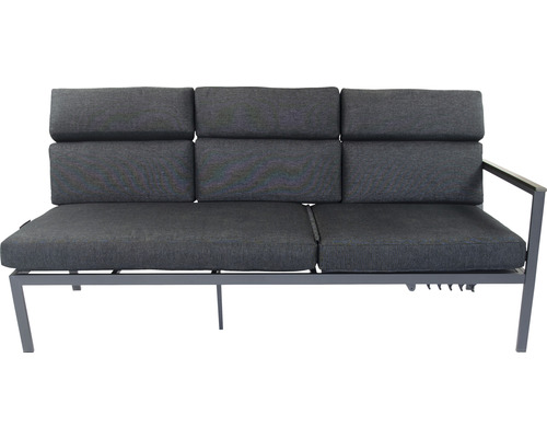 Graues Gartensofa mit Aluminiumrahmen und Stoffpolstern.