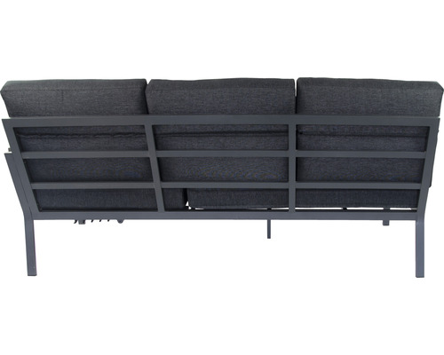 Rückansicht eines grauen Outdoor Sofas mit drei Sitzen und Aluminiumrahmen