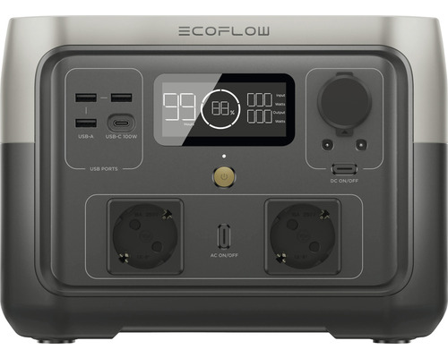 EcoFlow Logo. Mobile Power Station mit USB- und Steckdosenanschlüssen zur Stromversorgung.