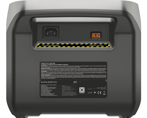 Rückansicht eines tragbaren EcoFlow RIVER 2 Pro Kraftwerks mit Netzstecker und Anschluss