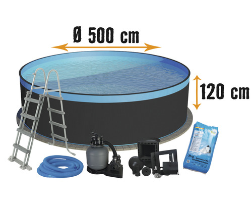 Aufstellpool Stahlwandpool-Set Planet Pool rund Ø 500x120 cm inkl. Sandfilteranlage, Leiter, Skimmer, Filtersand & Anschlussschlauch anthrazit mit Overlap-Folie blau