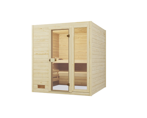 Sauna aus Holz mit Glastür und Fenster