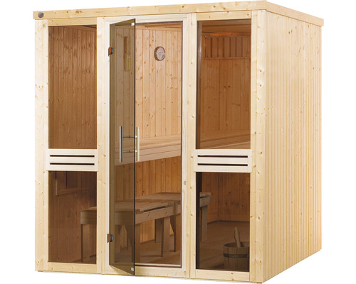Holzsauna mit Glastür und Bänken