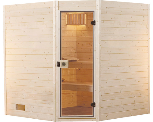 Innensauna aus Holz mit Glastür und Bänken