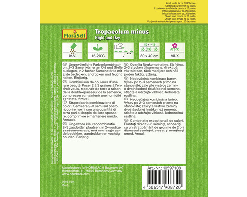 Verpackung der Tropaeolum minus Night and Day Blumensamen von FloraSelf mit Informationen zur Aussaat