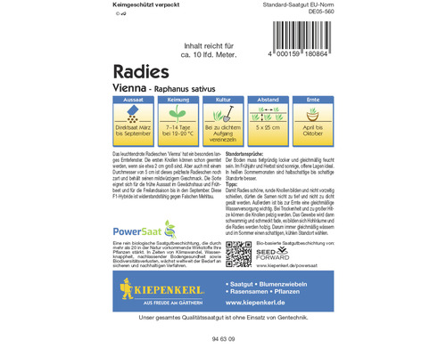 Radieschen Vienna Saatguttüte mit Informationen zu Aussaat, Keimung, Kultur, Abstand und Ernte