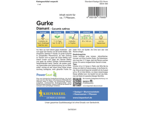 Samentüte Gurke Diamant, Inhalt reicht für circa 7 Pflanzen, Aussaat von April bis Juni, Ernte von Juli bis September, Kiepenkerl Logo