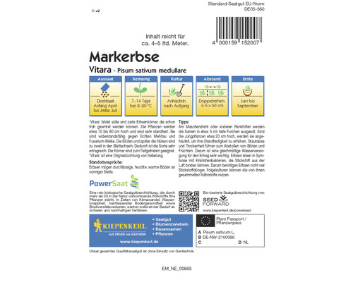 Markerbse Vitara Samentüte mit Informationen zu Aussaat, Keimung, Kultur, Abstand und Ernte