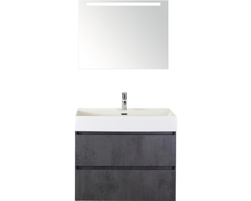 Badmöbel-Set Sanox Maxx XL BxHxT 81 x 183 x 45,5 cm Frontfarbe beton anthrazit mit Waschtisch Keramik weiß und Waschtischunterschrank Waschtisch Spiegel mit LED-Beleuchtung Waschtischkombination mit Waschbeckenunterschrank, Waschtisch und Spiegel mit Beleuchtung für das Badezimmer