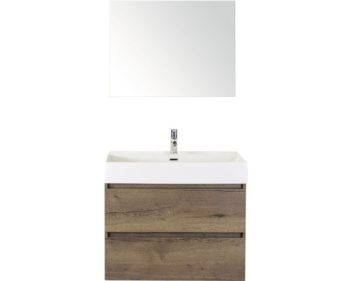Badmöbel-Set Sanox Maxx XL BxHxT 81 x 183 x 45,5 cm Frontfarbe tabacco mit Waschtisch Keramik weiß und Keramik-Waschtisch Spiegel Waschtischunterschrank Waschtisch mit Spiegel und zwei Schubladen im Holzdesign