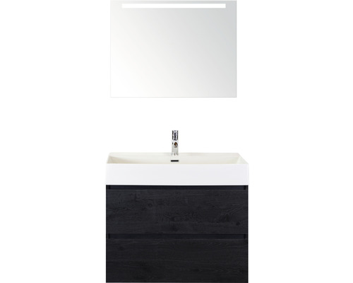 Badmöbel-Set Sanox Maxx XL BxHxT 81 x 183 x 45,5 cm Frontfarbe black oak mit Waschtisch Keramik weiß und Keramik-Waschtisch Spiegel mit LED-Beleuchtung Waschtischunterschrank