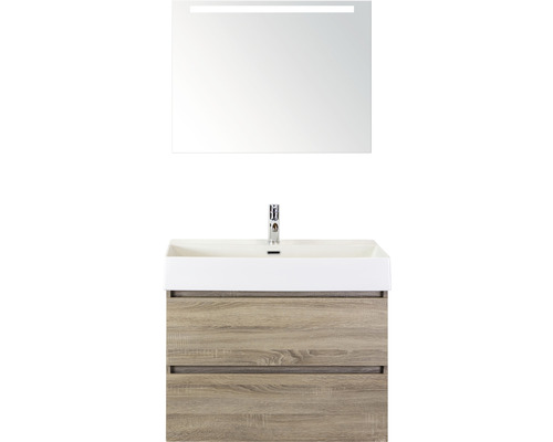 Badmöbel-Set Sanox Maxx XL BxHxT 81 x 183 x 45,5 cm Frontfarbe eiche grau mit Waschtisch Keramik weiß und Waschtischunterschrank Waschtisch Spiegel mit LED-Beleuchtung