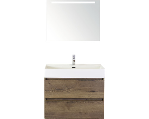 Badmöbel-Set Sanox Maxx XL BxHxT 81 x 183 x 45,5 cm Frontfarbe tabacco mit Waschtisch Keramik weiß und Waschtischunterschrank Waschtisch Spiegel mit LED-Beleuchtung
