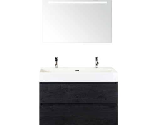 Badmöbel-Set Sanox Maxx XL BxHxT 101 x 183 x 45,5 cm Frontfarbe black oak mit Waschtisch Keramik weiß und Keramik-Doppelwaschtisch Spiegel mit LED-Beleuchtung Waschtischunterschrank Badmöbel-Set Sanox Maxx XL BxHxT 101 x 183 x 45,5 cm Frontfarbe black oak mit Waschtisch Keramik weiß und Keramik-Doppelwaschtisch Spiegel mit LED-Beleuchtung Waschtischunterschrank