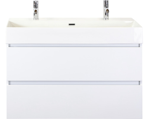 Badmöbel-Set Maxx XL 100 cm mit Keramikwaschtisch 2 Hahnlöcher weiß hochglanz