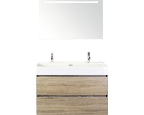 Badmöbel-Set Sanox Maxx XL BxHxT 101 x 183 x 45,5 cm Frontfarbe eiche grau mit Waschtisch Keramik weiß und Keramik-Doppelwaschtisch Waschtischunterschrank Spiegel mit LED-Beleuchtung