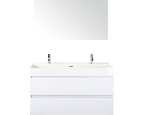 Badmöbel-Set Maxx XL 120 cm mit Keramikwaschtisch 2 Hahnlöcher und Spiegel weiß hochglanz