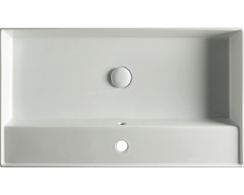 Aufsicht eines rechteckigen Waschbeckens mit Hahnloch und Überlauf