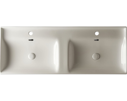 Doppelwaschtisch aus Keramik mit zwei Hahnlöchern und Überläufen