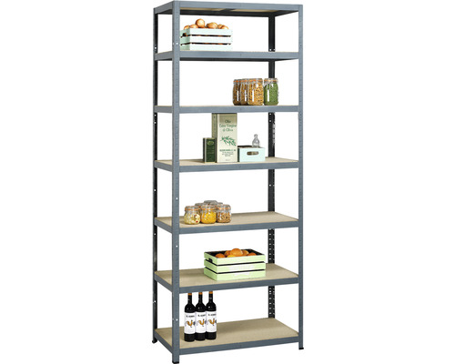 Graues Regal mit sechs Regalböden und Lebensmitteln