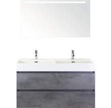 Doppelbadmöbel Sanox Maxx XL BxHxT 121 x 183 x 45,5 cm Frontfarbe beton anthrazit mit Waschtisch Keramik weiß und Keramik-Doppelwaschtisch Waschtischunterschrank Spiegel mit LED-Beleuchtung 81736541