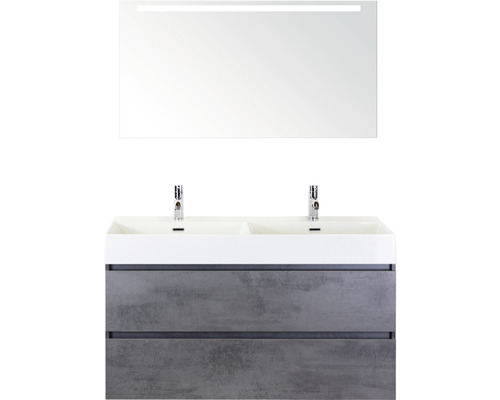 Doppelbadmöbel Sanox Maxx XL BxHxT 121 x 183 x 45,5 cm Frontfarbe beton anthrazit mit Waschtisch Keramik weiß und Keramik-Doppelwaschtisch Waschtischunterschrank Spiegel mit LED-Beleuchtung 81736541 Badezimmermöbel-Set mit Waschtischunterschrank, Doppelwaschbecken und Spiegel