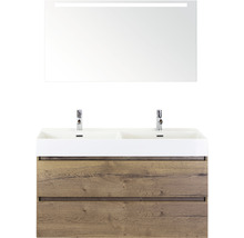 Doppelbadmöbel Sanox Maxx XL BxHxT 121 x 183 x 45,5 cm Frontfarbe tabacco mit Waschtisch Keramik weiß und Keramik-Doppelwaschtisch Waschtischunterschrank Spiegel mit LED-Beleuchtung 81736539