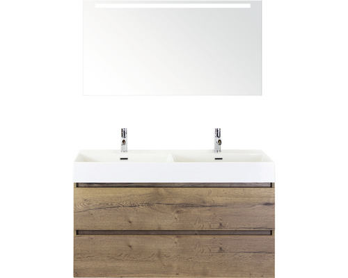 Doppelbadmöbel Sanox Maxx XL BxHxT 121 x 183 x 45,5 cm Frontfarbe tabacco mit Waschtisch Keramik weiß und Keramik-Doppelwaschtisch Waschtischunterschrank Spiegel mit LED-Beleuchtung 81736539 Doppelwaschtisch mit Spiegel und Holzdekor für das Badezimmer